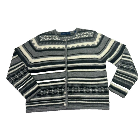 KAREN SCOTT Cardigan Sweater Women PL Wool Striped Aztec Pattern Button - Picture 1 of 8